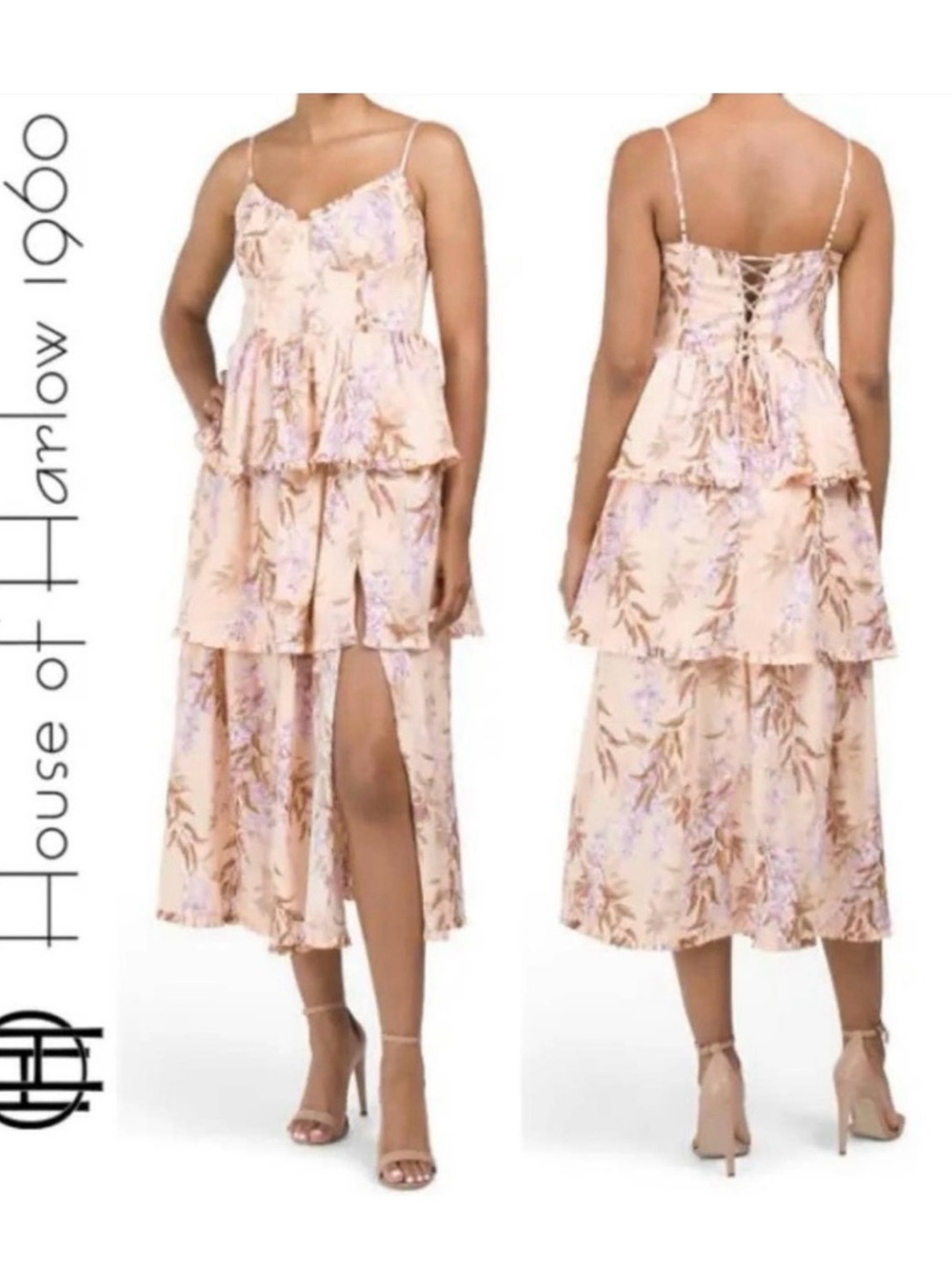 House of Harlow Linen Bustier Lace Up Back Tiered Midi Dress Size XS NWOT Lined